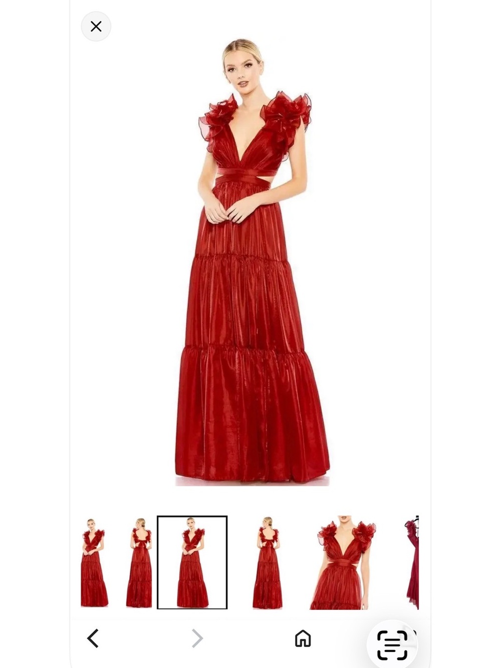 Mac Duggal Red Ruffled-Shoulder Tiered V-Neck Maxi Gown - Picture 4 of 6